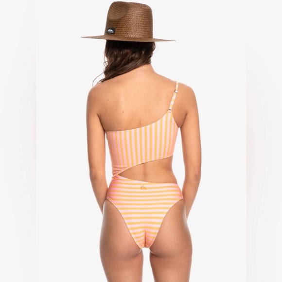 Quicksilver Asymmetrical One Shoulder Striped Coral One Piece Swimsuit - Picture 2 of 11